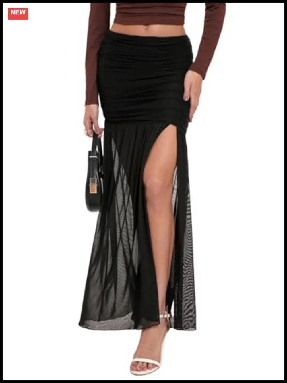 Women's Mesh Maxi Skirt Side Ruched Slit Hem Flowy Bodycon